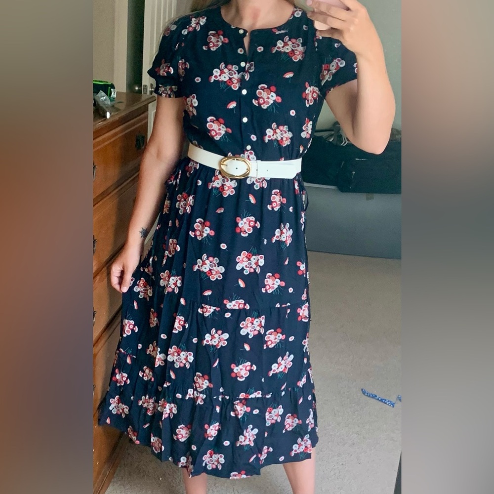 LOFT Navy Floral Tiered Button Midi Dress size 4, Small